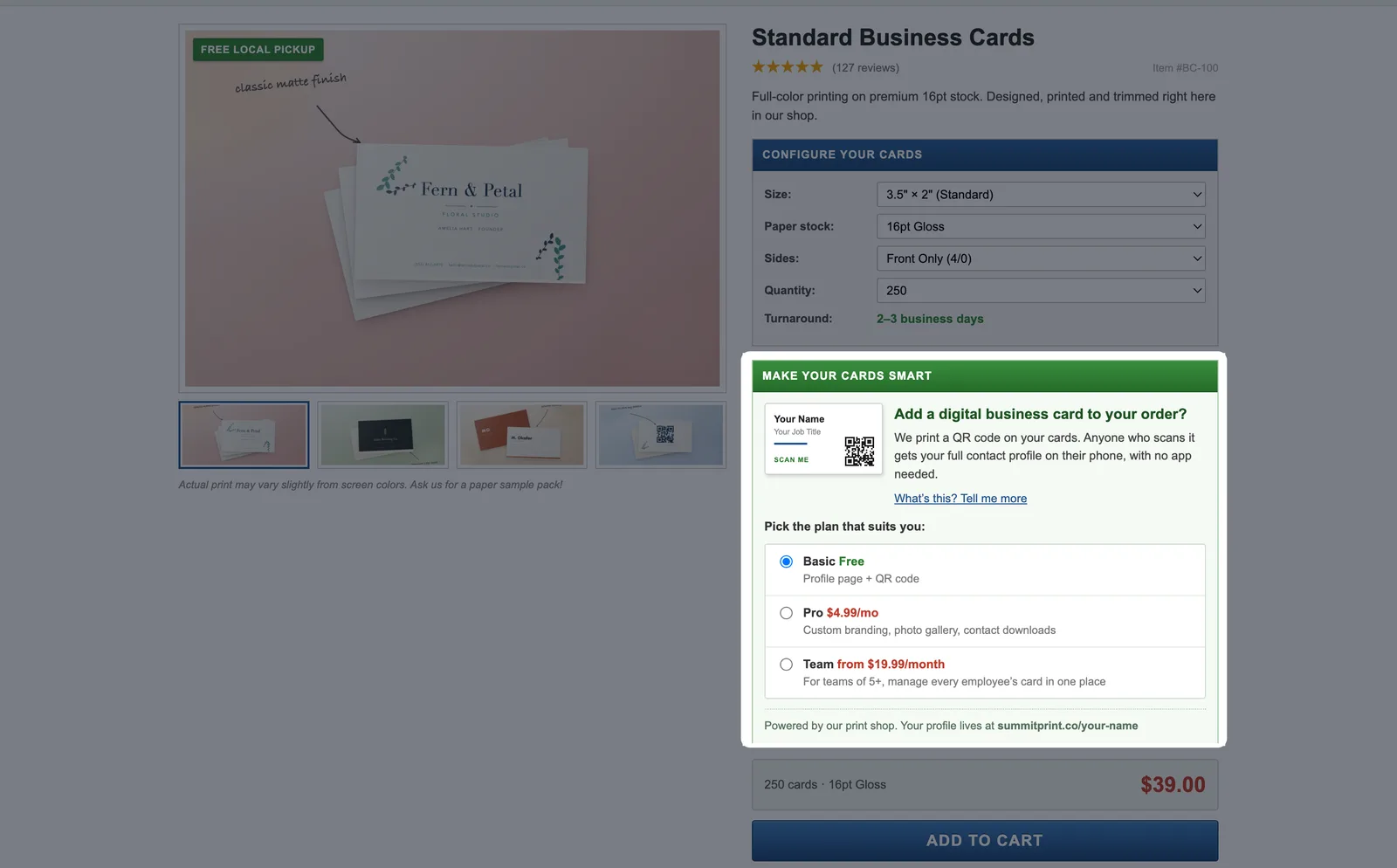 An example print shop's business-card order page, with the “make your cards smart” panel highlighted: it offers a digital business card on a choice of plans — Basic free, Pro at $4.99 a month, Team from $19.99 — just above the price and Add to Cart button.